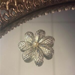 Silver Flower Brooch with Pearl Center